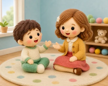 선생님과 아이가 마주 앉아 즐겁게 이야기를 나누는 모습