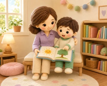 오아쌤 선생님이 남자아이와 나란히 앉아 그림책을 함께 보는 모습