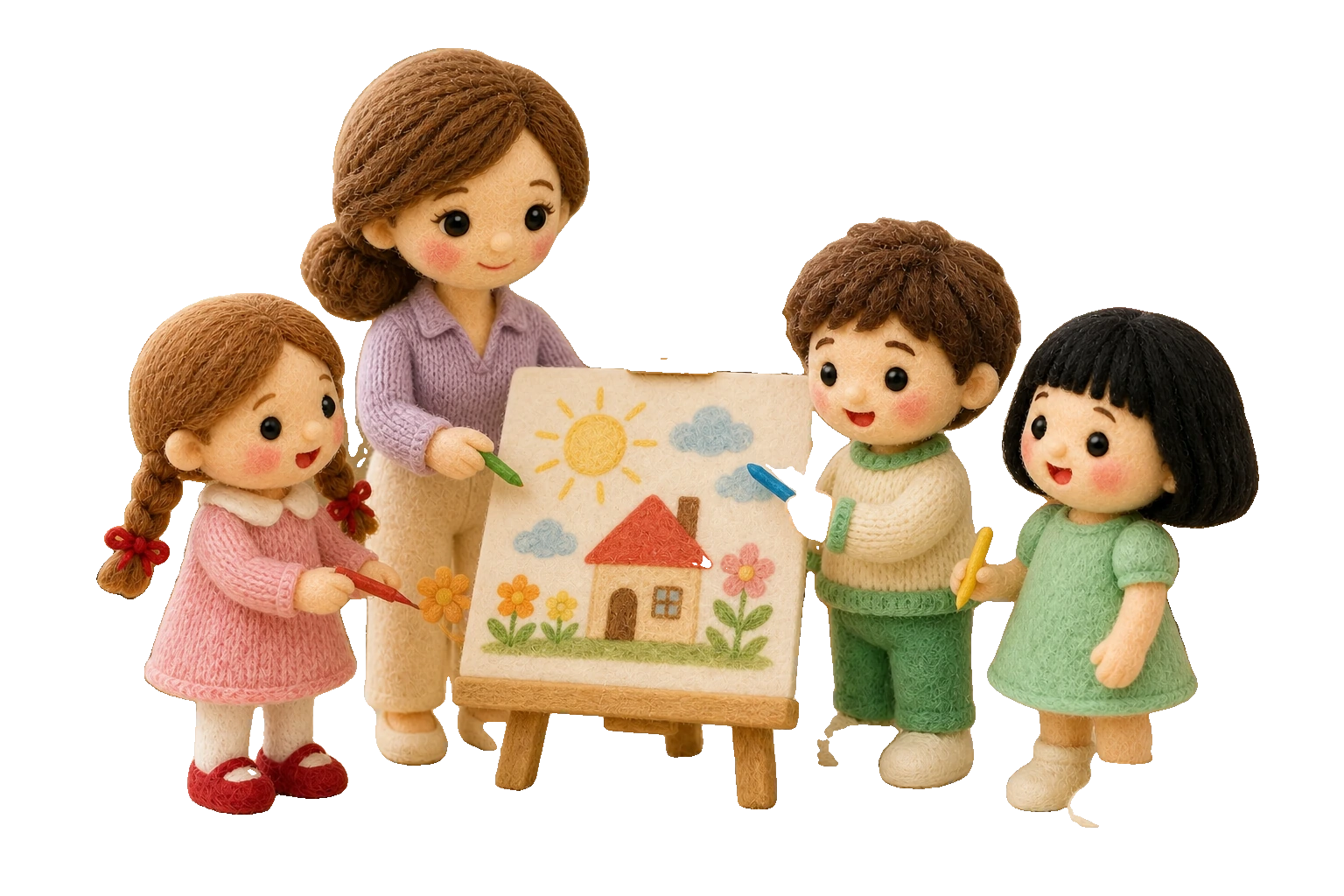 선생님과 아이 셋이 이젤 앞에서 함께 그림을 그리는 모습