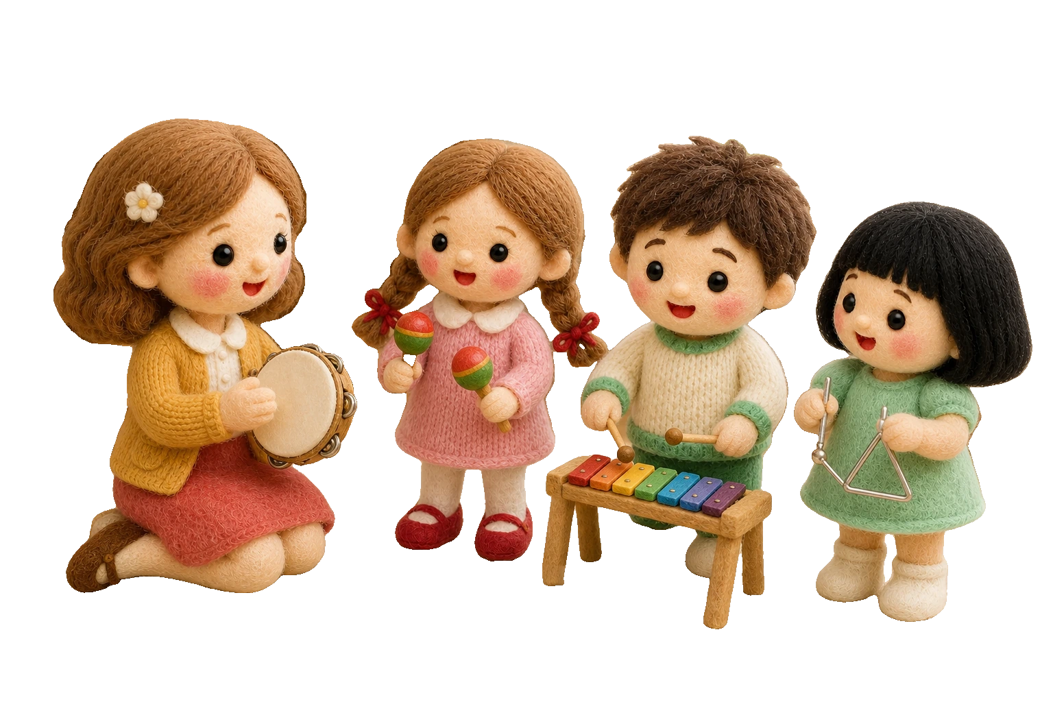 선생님과 아이 셋이 탬버린·마라카스·실로폰을 연주하는 모습